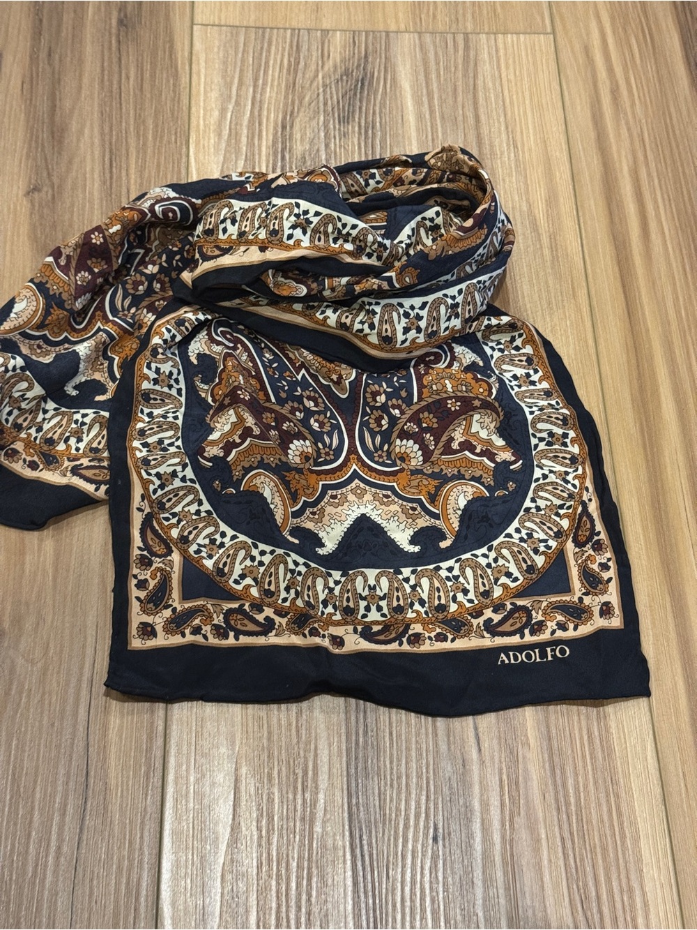 Adolfo Vintage Silk Paisley Brown and Black Rectangle Scarf Designer Classic